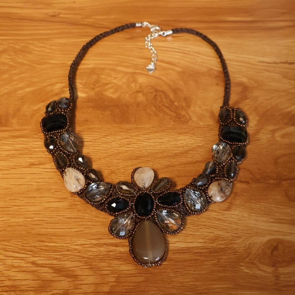 Nakamol Stone Crystal Woven Bib Necklace Handmade Boho Witchy Brown Beaded Fall